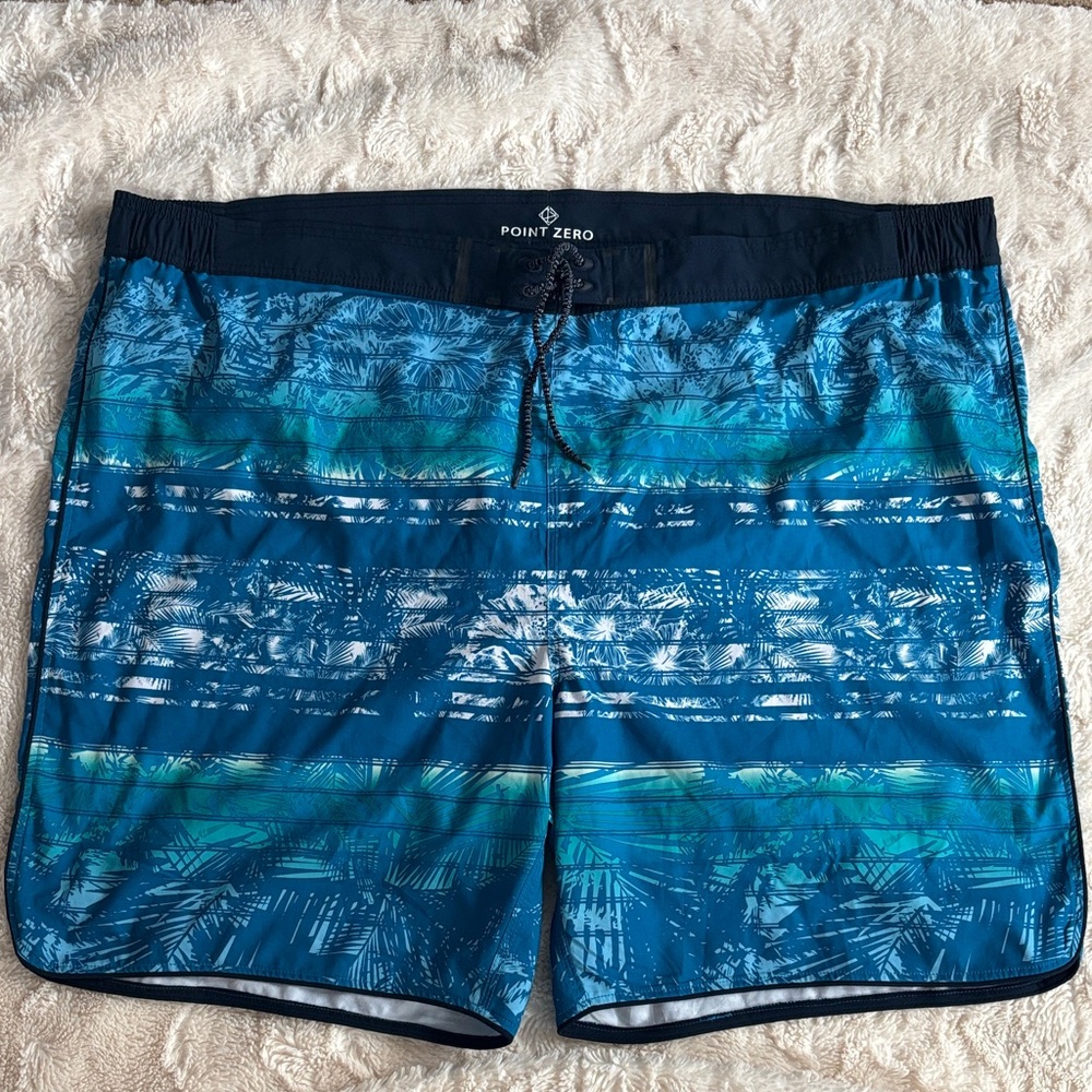 Point Zero Men’s Blue Teal Tropical Stripe Swim Shorts 5X